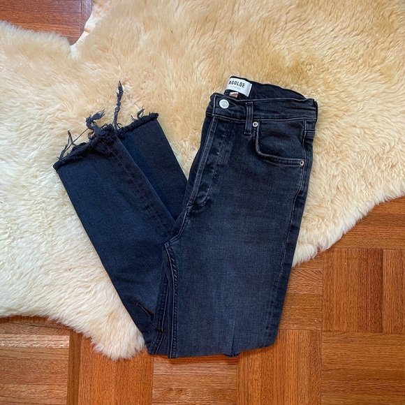 Agolde Nico High Rise Slim Button Fly Black Distressed Jeans - Picture 1 of 10